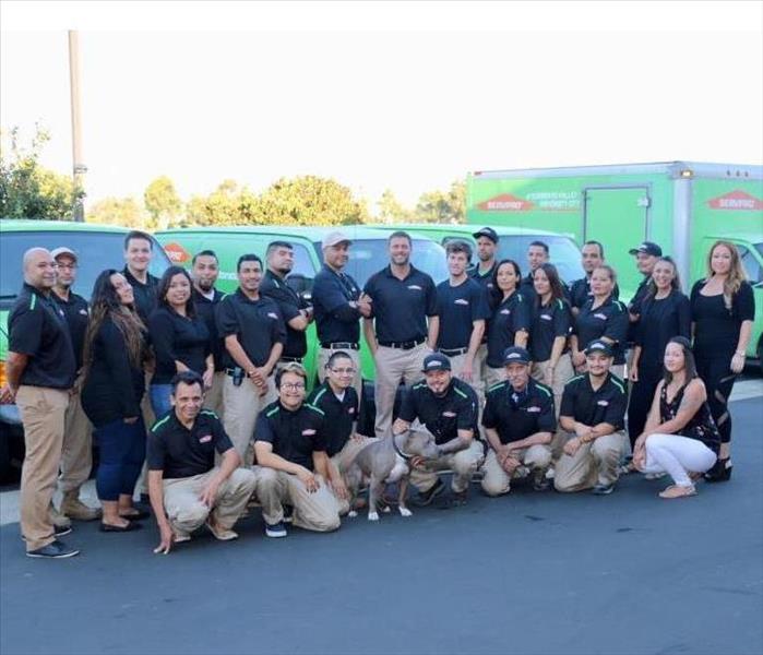 twenty seven employees men and women in black shirts and khaki pants in front of green company vehicles